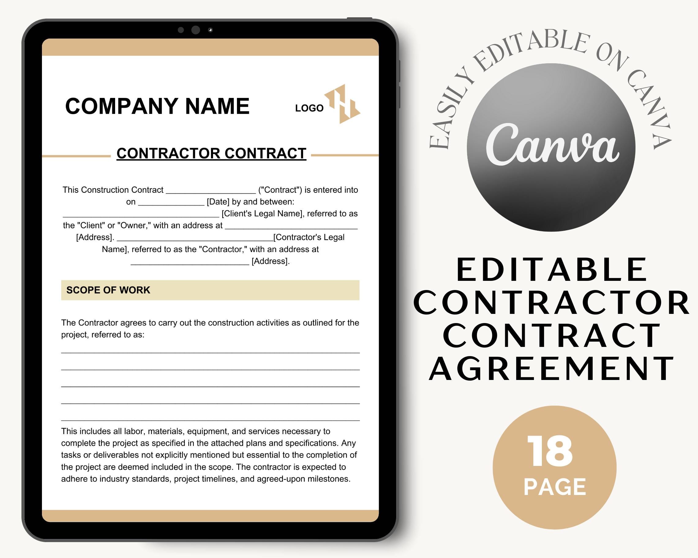Editable Contractor Contract Template | US Letter (digital Download) - Etsy