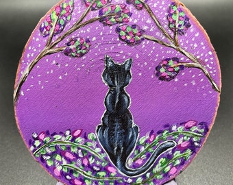 Black Cat, Colorful Leaves, & Purple Background - Acrylic Painting Wood Round