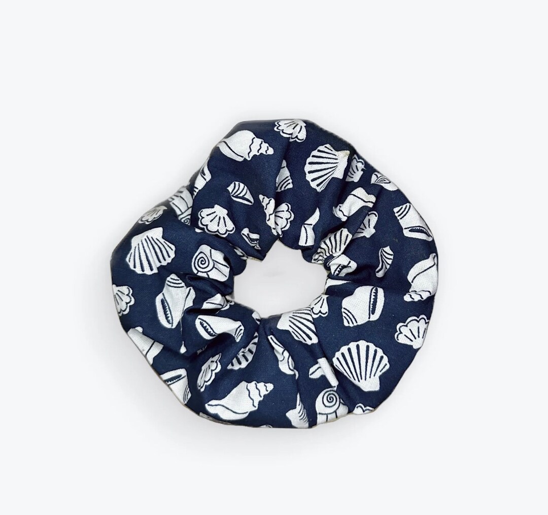 Seashell Scrunchie - Navy Blue Hair Tie With White Shell Print - Etsy
