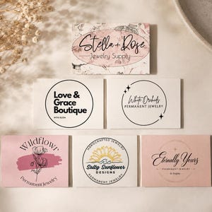 May include: Six rectangular business cards featuring various brand logos. Top card has a floral background with Stella + Rose Jewelry Supply. Middle cards show Love & Grace Boutique and White Orchids. Bottom cards display Wildflowr, Salty Sunflower, and Eternally Yours.