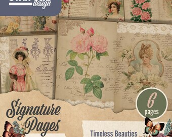 Junk-Journal, digitales Papier, Vintage Rose & Lady Portrait, antikes Blumen Ephemera Kit, druckbares Scrapbooking PDF
