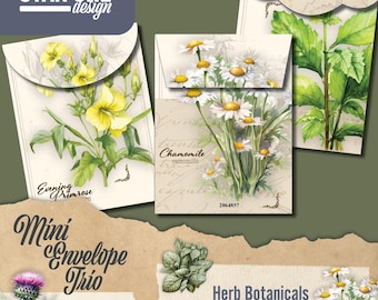 Trío de mini sobres – Botánicos de hierbas / 3 sobres vintage imprimibles con motivos botánicos / Elementos botánicos para álbumes de recortes y manualidades con papel