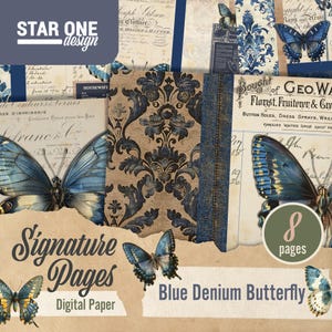 Set di carta digitale Blue Denim Butterfly – 10 pagine stampabili – Vintage Floral, Antique per scrapbooking, Junk Journal, lavori di carta