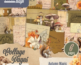Junk Journal Papers, Digital Scrapbook Kit, Vintage Autumn Style, Mushrooms & Fall Florals, Collage Crafts, Printable Ephemera