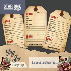 May include: A set of three large alteration tags with a vintage aesthetic. Each tag features a unique number, lines for information, and the text "RETAIN THIS TICKET STUB". The tags are part of a "Tag Set" with floral and butterfly accents.