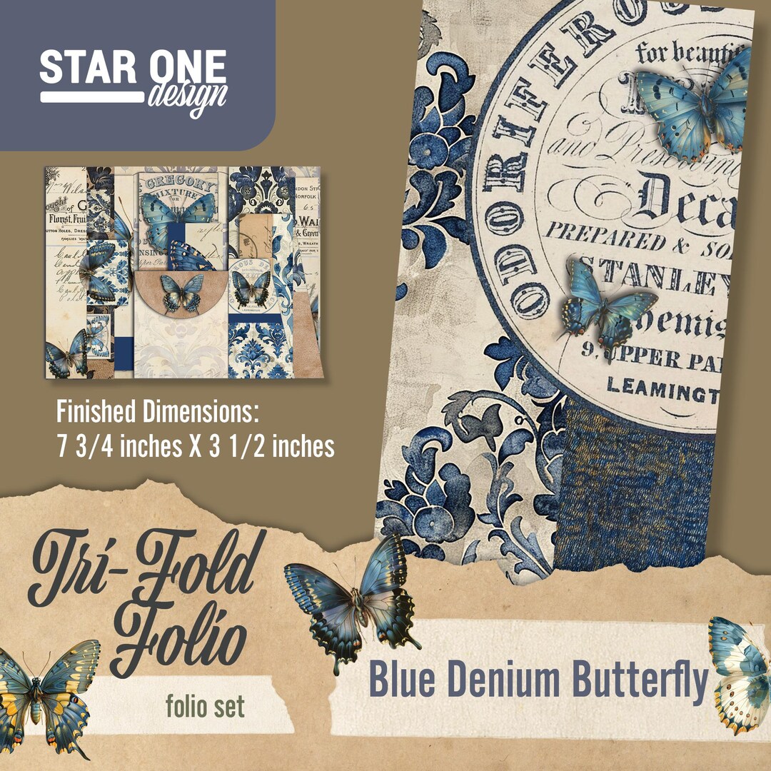 Tri-fold Folio Kit, Junk Journal Printable, Blue Denim Butterfly Design ...