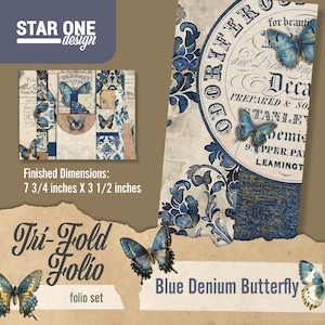 Set di diari a tre ante con farfalla in denim blu - 5 pagine - Carte stampabili, lavori di carta, album - 11 x 8,5 digitale