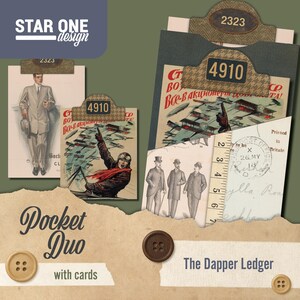 Pode incluir: Uma coleção de efêmeros de papel em estilo vintage, incluindo cartões de registro, ilustrações e botões. Os cartões apresentam ilustrações de um piloto, um cavalheiro e anúncios vintage. O texto "Pocket Duo" e "The Dapper Ledger" são visíveis.