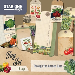 May include: A collection of 13 vintage-style paper tags with botanical illustrations and handwritten text. The tags feature images of vegetables like cabbage, carrots, and beets, with the words "Tag Set" and "Through the Garden Gate".