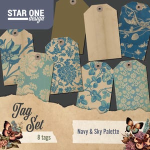 Navy & Sky Palette – Printable Tag Set | 8 Vintage Floral Tags for Junk Journals, Scrapbooking, Papercrafts