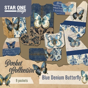 Blue Denim Butterfly Pockets - Diario spazzatura - Carta stampabile, Ephemera, Artigianato di carta, Album di ritagli - 11 x 8,5 Download digitale