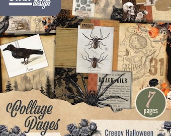 May include: A collage of vintage-style Halloween-themed digital papers. The design includes illustrations of spiders, a skull, a raven, and botanical elements. The text includes "Collage Pages," "Digital Papers," and "Creepy Halloween."