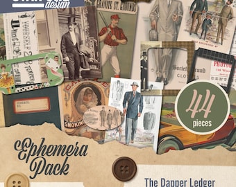 The Dapper Ledger – Vintage Men’s Ephemera Pack | 44 Printable Junk Journal Pieces | Masculine Retro Collage Kit, Scrapbooking, Paper Crafts