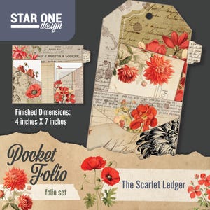 Ensemble d'étiquettes de poche Folio Scarlet Ledger - Éphémères imprimables de journal indésirable, kit de chemise floral rouge, téléchargement numérique pour travaux manuels en papier