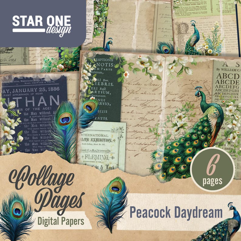 Junk Journal Pages, Digital Paper Kit, Vintage Peacock Style, Birds ...