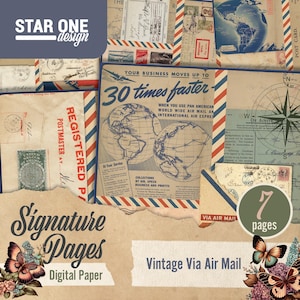 Vintage Via Air Mail – Junk Journal Digital Papers, Airmail Ephemera Collage Kit, Printable Postal Stationery, Scrapbook, Paper Craft