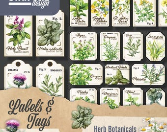 Printable Herb Tags, Botanical Ephemera Labels, Vintage Apothecary Style, Garden Herbs & Kitchen Decor, Junk Journal, Digital Download