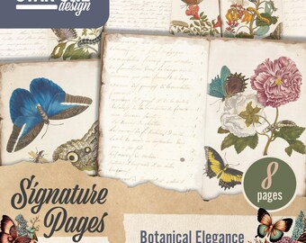Junk Journal Signature Pages, Digital Paper Kit, Vintage Botanical Illustrations, Butterflies & Florals, Writing Sheets, Printable Ephemera