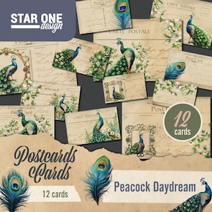 Peacock Daydream Postcards – 12 Printable Vintage Cards for Junk Journals & Scrapbooking