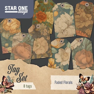 Faded Florals – Printable Tag Set | 8 Vintage Floral Tags for Junk Journals, Scrapbooking & Papercrafts