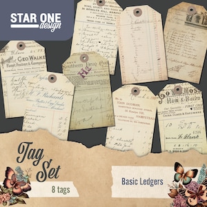 May include: A set of eight vintage-style paper tags with handwritten text and aged paper textures. The tags feature various fonts and designs, with some including text like "Southern Drug Co." and "Ham & Bacon".