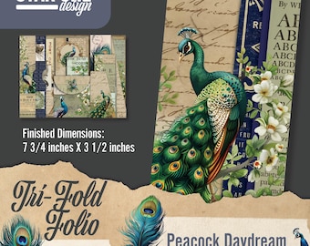 Tri-Fold Folio Kit, Junk Journal Printable, Peacock Daydream Design, Vintage Ephemera Style, Birds & Florals, Scrapbooking Download
