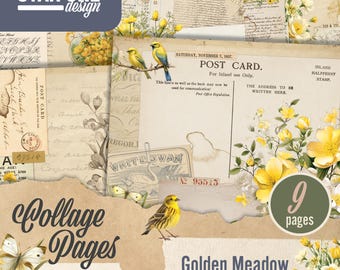 Junk Journal Papers, Digital Scrapbook Kit, Vintage Ephemera Style, Yellow Wildflowers & Postcards, Collage Crafts, Printable Download