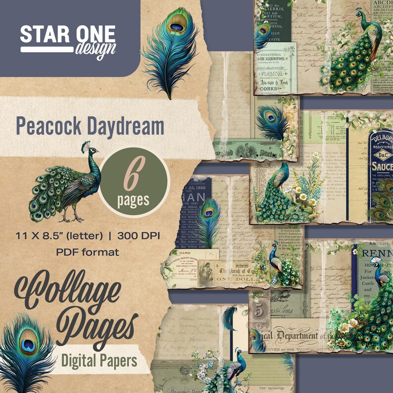 Junk Journal Pages, Digital Paper Kit, Vintage Peacock Style, Birds ...