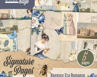 Handtekeningpagina's ongewenste dagboeken, digitaal papier Regency Romance, vintage bloemen en ephemera-kit, afdrukbare pdf-plakboek en ambachtelijke papierkunst