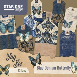 Etichette farfalla denim blu - Junk Journal - Carta stampabile, effimera, artigianato di carta, album - 11 x 8,5 download digitale