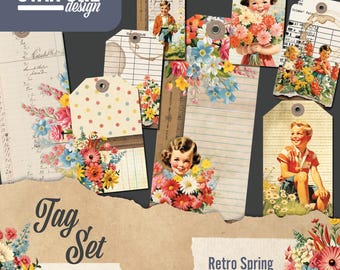 Juego de etiquetas retro de primavera: 13 etiquetas imprimibles para álbumes de recortes y manualidades - Imprimible digitalmente