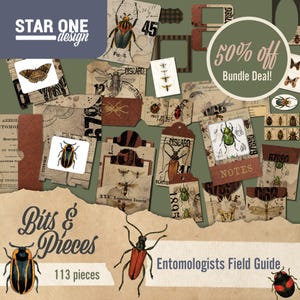 May include: A collage of vintage-style ephemera with insect illustrations. The design includes tags, labels, and paper scraps with text and drawings of beetles, butterflies, and other insects. The words "Bits & Pieces" and "Entomologists Field Guide" are visible.