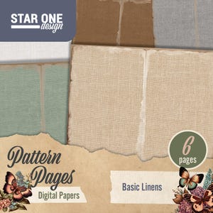Pode incluir: Pacote de papel digital com várias texturas de linho em tons neutros. O design inclui bordas rasgadas e elementos decorativos como borboletas e arranjos florais. O texto diz "Pattern Pages" e "Basic Linens".