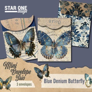 Buste piccole con farfalla in denim blu - Junk Journal - Carta stampabile, effimera, artigianato di carta, album - 11 x 8,5 download digitale