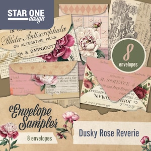 Koperta Dusky Rose Reverie – 8 gotowych do druku kopert do dziennika w stylu vintage | Kwiatowe drobiazgi i wzory z papieru antycznego