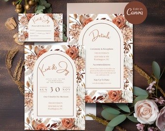May include: A wedding invitation suite featuring a floral design with terracotta and cream colors. The suite includes an invitation, RSVP card, and details card. The invitation features the names "Kent & Joy" and the wedding date.