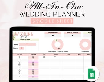 May include: A laptop screen displaying a Google Sheet wedding planner template. The sheet includes a guest list, a section for tracking RSVPs, and a chart showing the number of adults and children attending. The sheet is titled "Wedding Guest List".