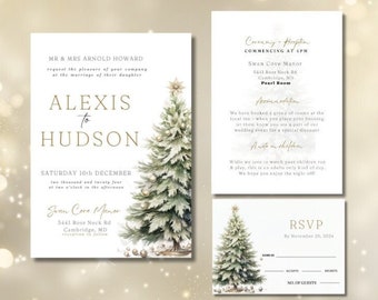 May include: A wedding invitation with a winter theme. The invitation features a watercolor illustration of a pine tree with ornaments and a gold border. The text reads "Alexis to Hudson" and includes the date, time, and location of the wedding. The invitation also includes a RSVP card with a similar design.