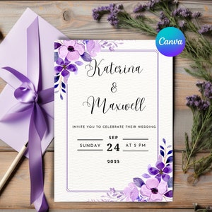 Purple Wedding Invitation DIY Canva Wedding Invitation Stationery Printable bundle Theme Purple floral Editable Wedding Invitation