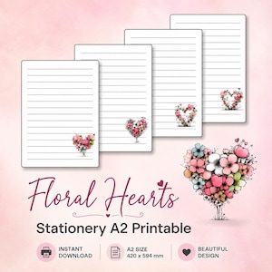 Pode incluir: Folhas de papelaria brancas com linhas e desenhos de corações florais. A imagem apresenta o texto "Floral Hearts Stationery A2 Printable". A papelaria é tamanho A2, 420 x 594 mm. O design é descrito como bonito.