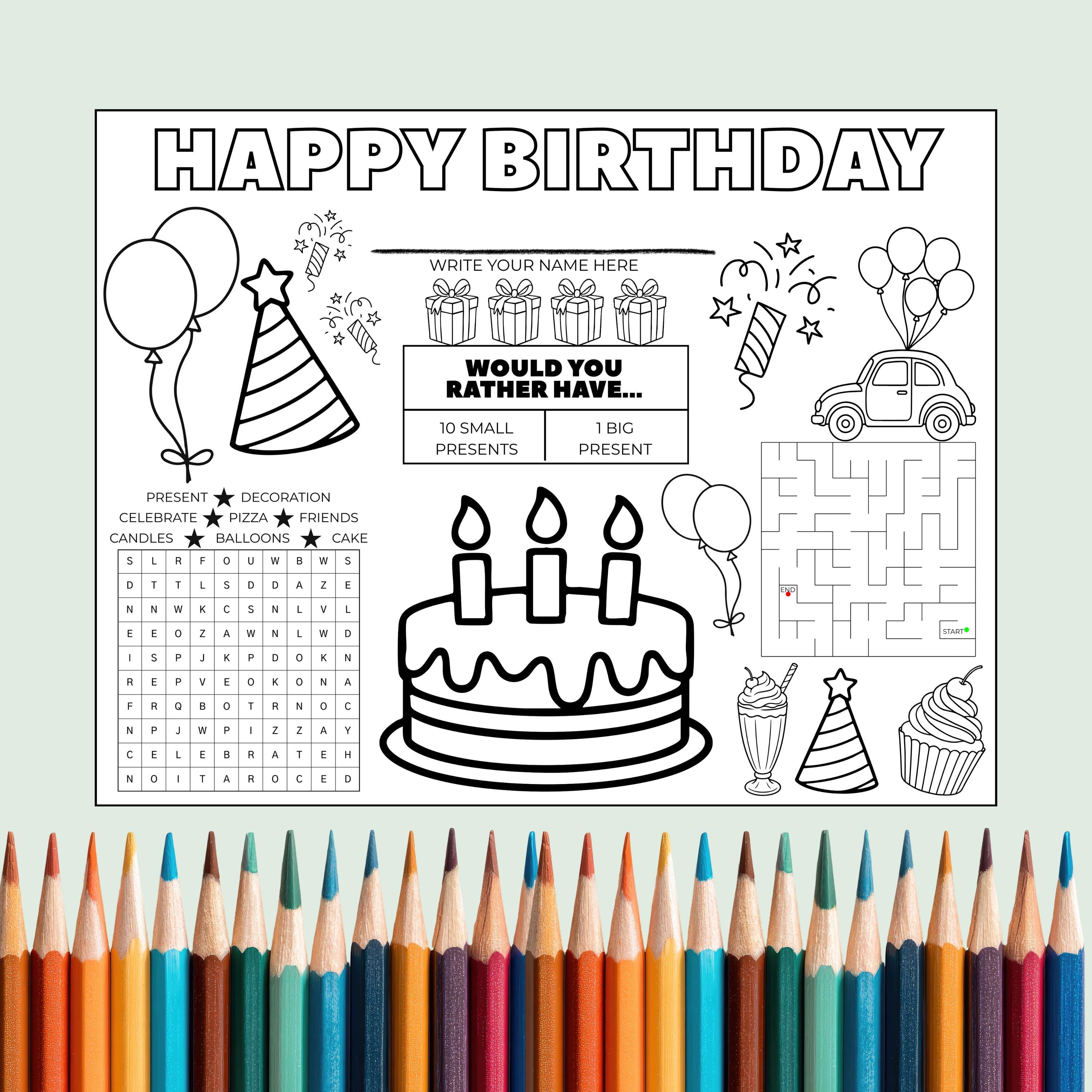 Happy Birthday Activity Placemat | Kids Coloring Page, Word Search ...
