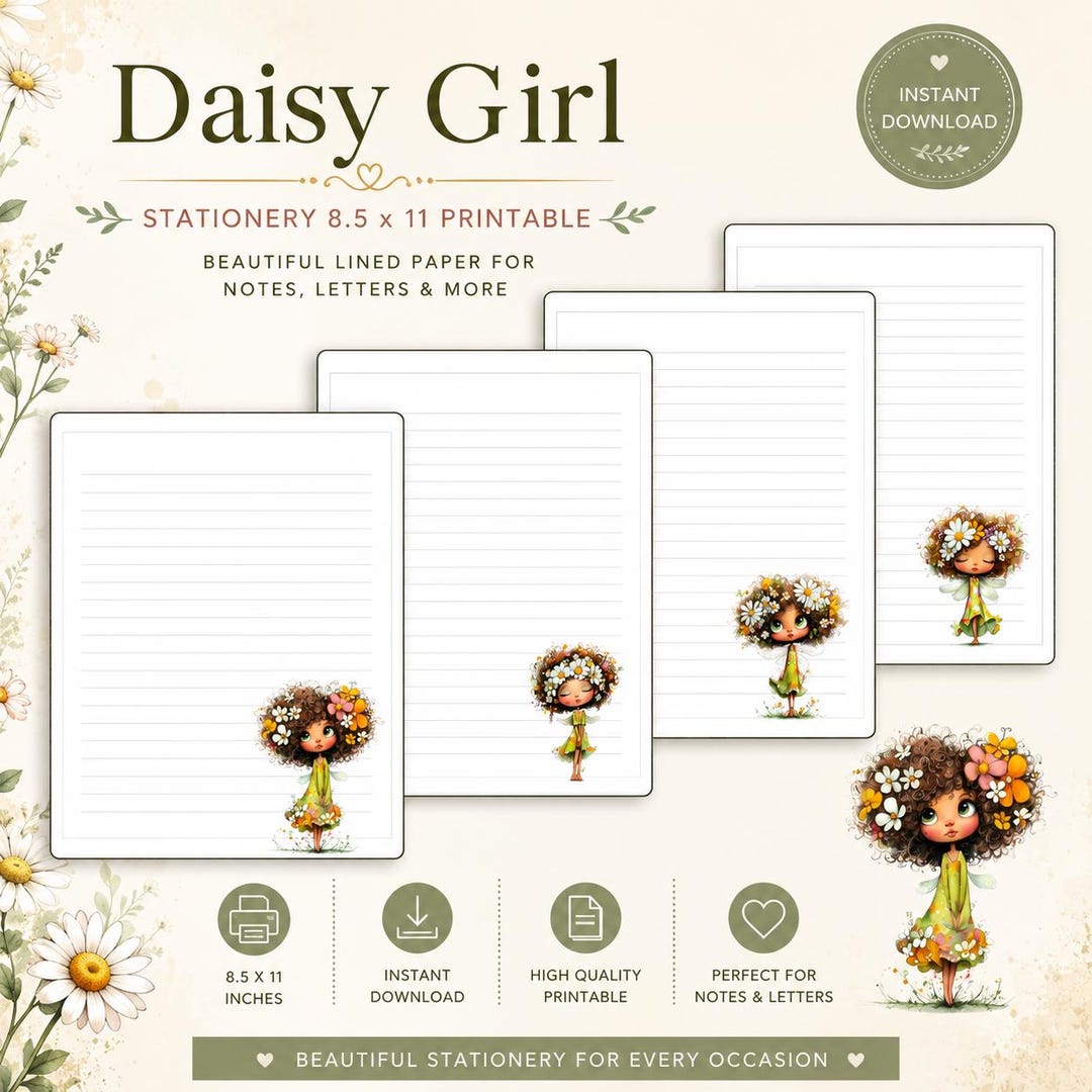 Write Daisy Daisy Girl Printable Stationery | 8.5 X 11 Writing Paper | Digital ...