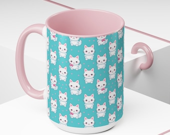 White Kitten Pastel Mug / Pink and Blue Mug / Coffee Mug / Ceramic Mug / Cat Lover Gift