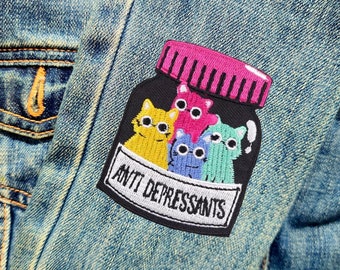 Mental Health Cat Patch - Embroidered Iron-On For Your Backpack Purse Hat Jacket Funny Meme Humor AntiDepression Happiness Cat Lover Gift