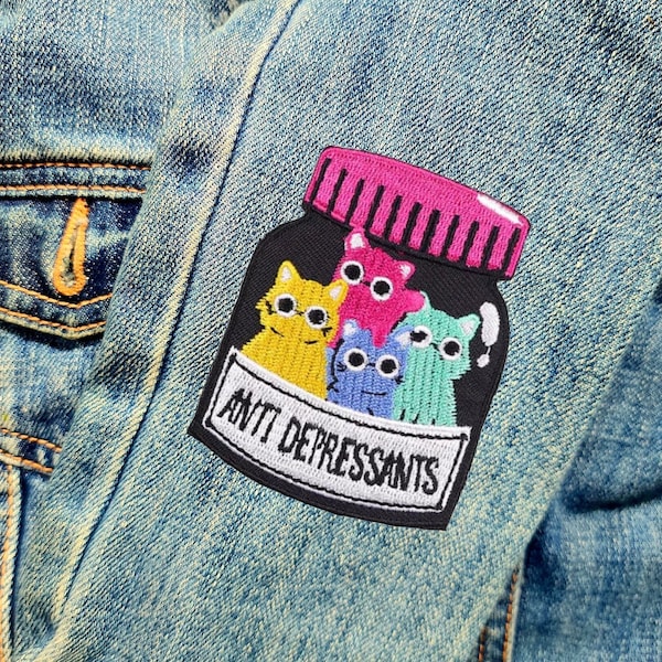 Patch bordado de gato para saúde mental – Meme antidepressivo