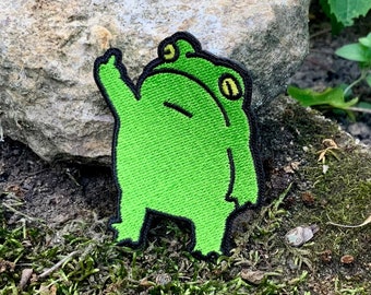 Funny Frog Embroidered Patch – Giving The Bird, Iron-On Applique
