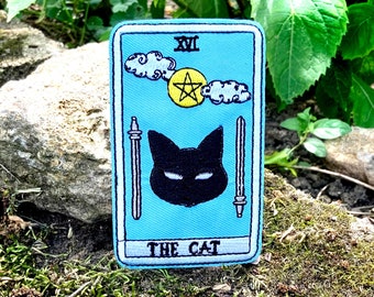 Geborduurde patch zwarte kat tarotkaart – Opstrijkbare heksendecor