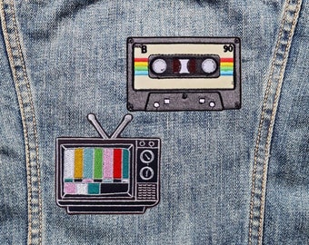 Retro TV Tape Cassette Rainbow Patch! Embroidered Iron-On – Funny Meme - 1980s 1990s VHS Vinyl Records LP Vintage