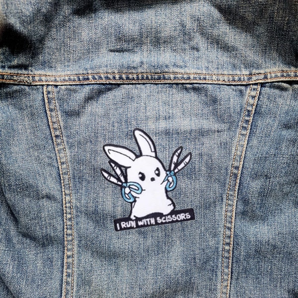 Bunny Runs With Scissors - Inspirational Patch Embroidered - Iron-On For Your Backpack, Purse, Hat, Jacket Punk Rock Metal, Funny Rabbit