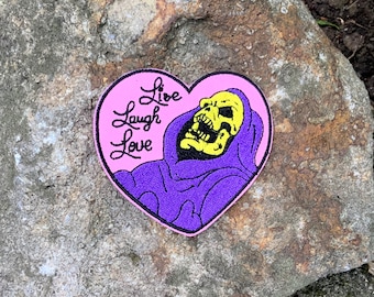 Skeletor Live Life Love Meme Inspirational Patch Embroidered Iron-On For Backpack, Purse, Hat, Jacket - 80&#39;s Retro Vintage He-Man Cartoon